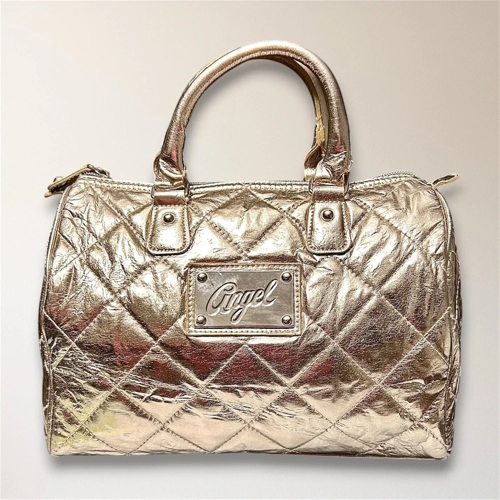 Victorias Secret Angel Metallic Gold Quilted Satchel Travel Y2K Handbag Purse